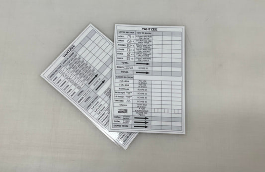 Yahtzee scoresheet, dry erase, reusable, fun, double sided.