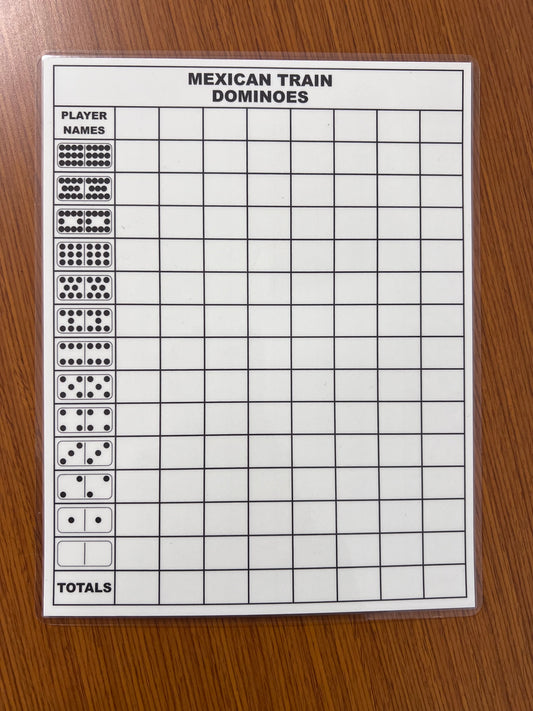 Mexican train dominoes scoresheet, dry erase, reusable, fun.