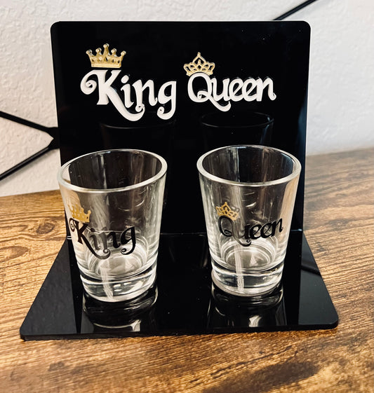 King and Queen Shot Glass Set with Display Stand