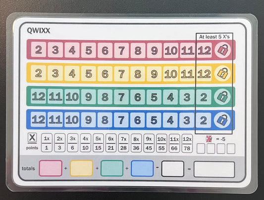 Qwixx scoresheet, dry erase, reusable, fun, double sided.